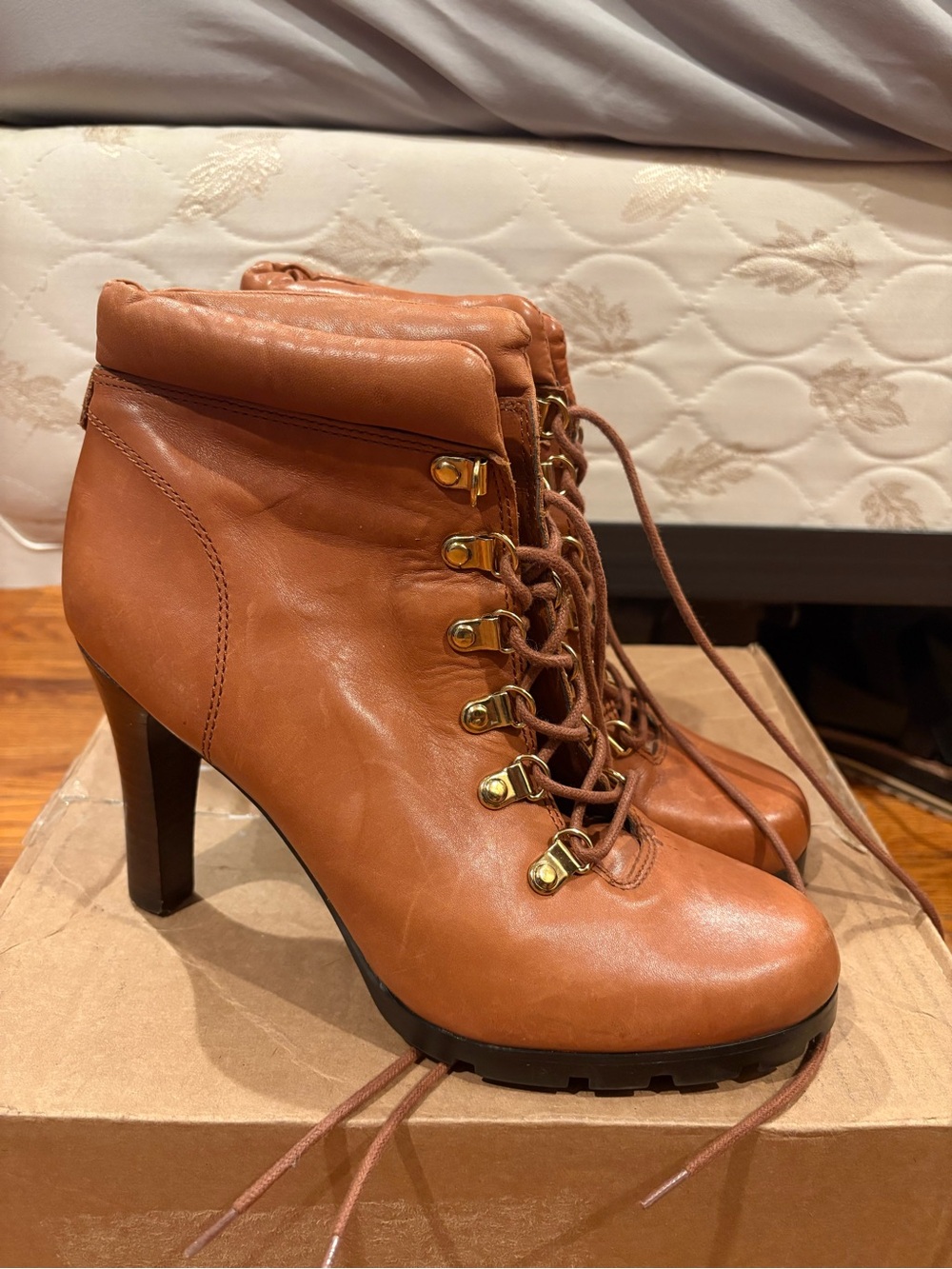 Ralph Lauren Tan Leather Lace-Up High-Heel Booties